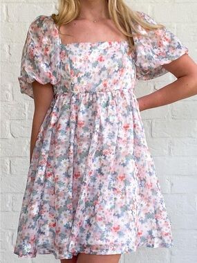 NWOT TCEC Pastel Floral Puff-Sleeve Square-Neck Dress